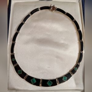 Like new artisan made obsidian, malachite, and silver collar necklace